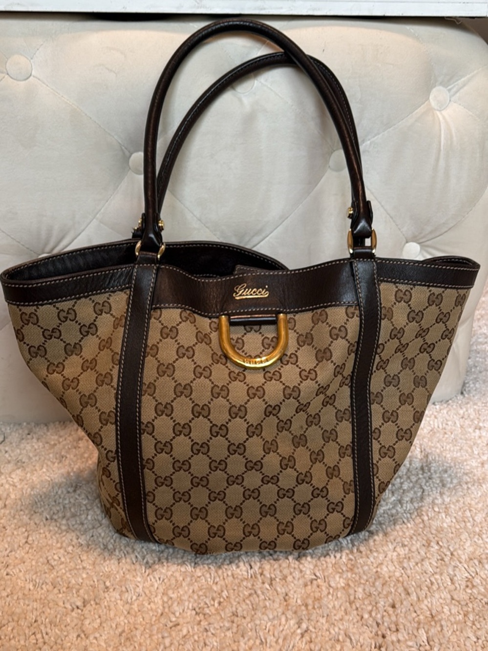 Gucci womens purse handbag tan brown vintage gold canvas leather